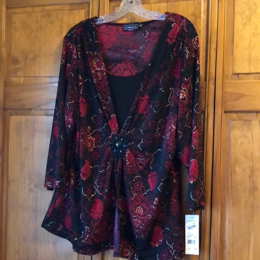 NWT Elementz Red Gold & Black Embellished Blouse 2X